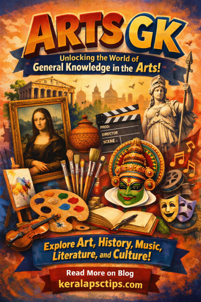 Arts GK page featuring Kerala PSC Arts General Knowledge questions and answers covering world literature, Indian art and culture, folk dances, famous artists, classical paintings, and important arts-related facts for competitive exam preparation on keralapsctips.com.