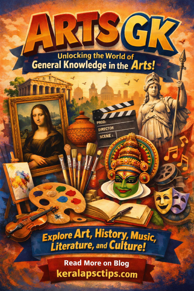 Arts GK page featuring Kerala PSC Arts General Knowledge questions and answers covering world literature, Indian art and culture, folk dances, famous artists, classical paintings, and important arts-related facts for competitive exam preparation on keralapsctips.com.