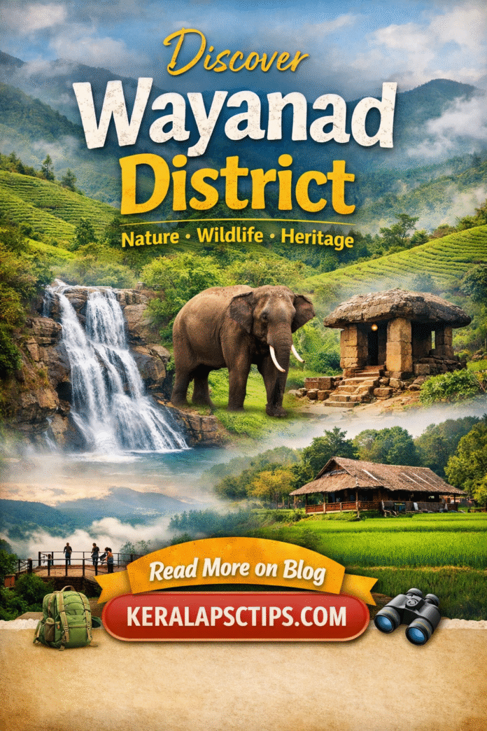 Wayanad District, Kerala – scenic travel poster showing lush green Western Ghats, hills, waterfalls, spice plantations, cultural landmarks, and wildlife including elephants, highlighting nature, heritage, and tourism. Read more on blog keralapsctips.com.