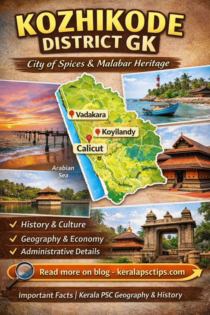 Kozhikode District – Important Facts for Kerala PSC Kozhikode District GK poster showing Kozhikode district map with Vadakara, Koyilandy and Calicut marked, along with Kozhikode beach, lighthouse, temples and heritage landmarks for Kerala PSC preparation on keralapsctips.com.