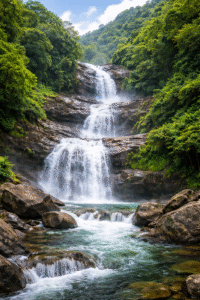 Thusharagiri Falls (Husharigiri) in Kerala, multi-tiered waterfall cascading over rocky cliffs into turquoise pools, surrounded by dense green Western Ghats forest, natural daylight, scenic view, ideal for travel blog and Kerala tourism.